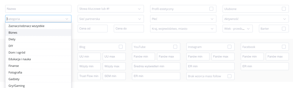 Panel wyszukiwania WhitePress_pomoc przy wyborze influencera do kampanii