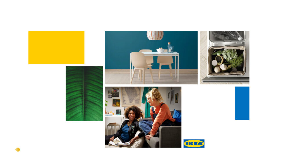 Moodboard na podstawie obrazów zaczerpniętych ze strony ikea.com. Ilustruje kluczowe wartości marki. Opracowanie własne na podstawie materiałów IKEA