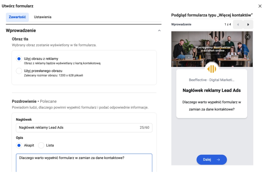 Edycja graficzna i nagłówek formularza_leady na facebooku