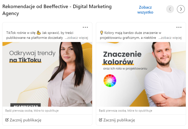 Przykład rekomendowanych treści na LinkedIn