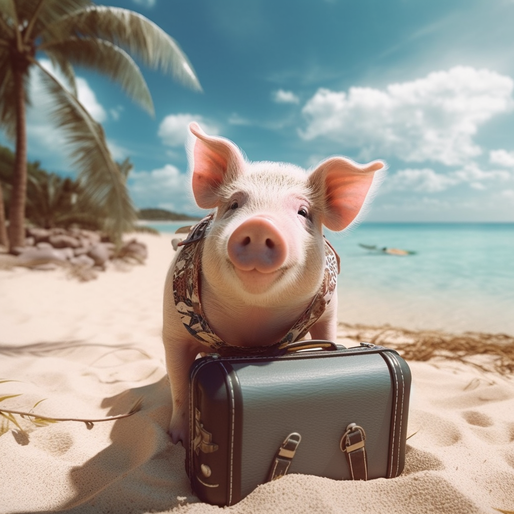 Wykorzystanie narzędzia AI. Plażowa świnka wygenerowana w Midjourney przy użyciu promptu „Beach adventure with a pig".
