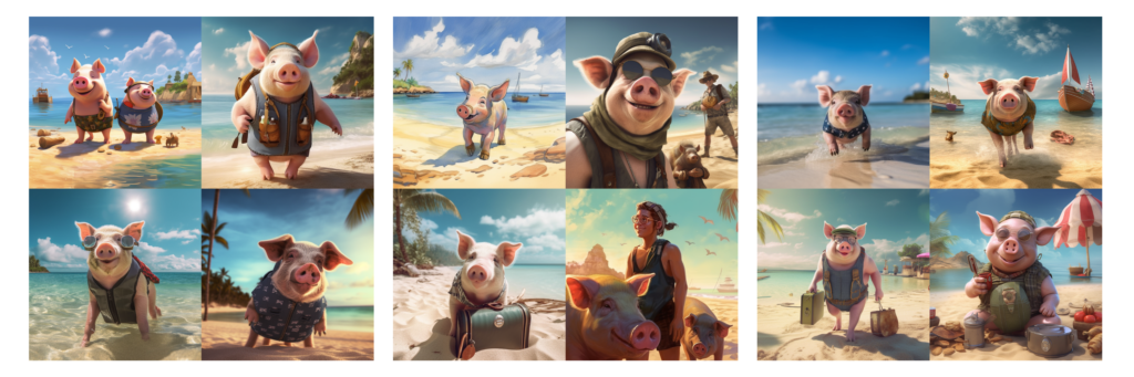 Obrazy wygenerowane przez narzędzie AI — Midjourney - przy użyciu promptu Beach adventure with a pig